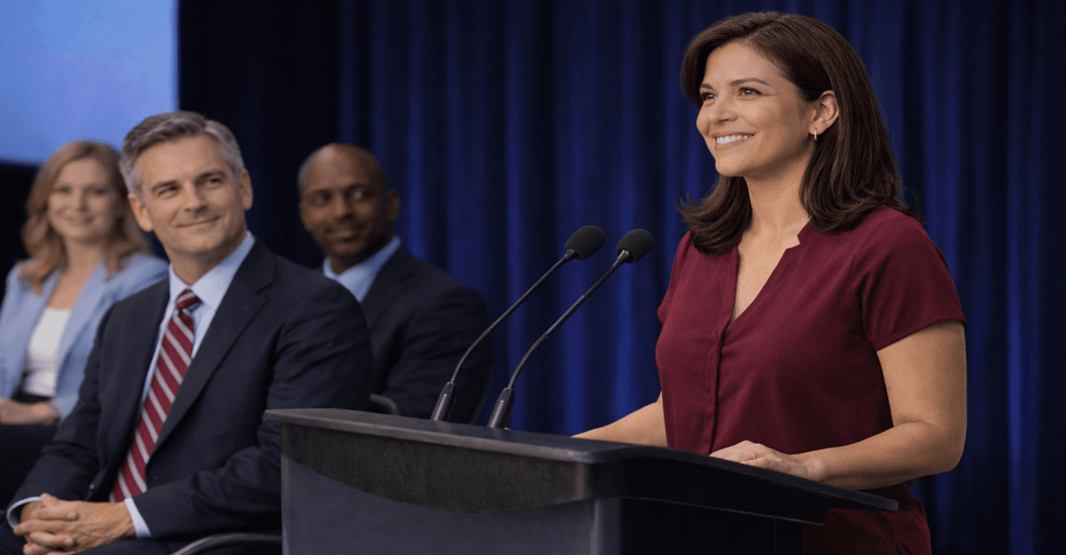 Dr. Sofia Rivera speaking at a conference with Dr. Elias Hawthorne looking on