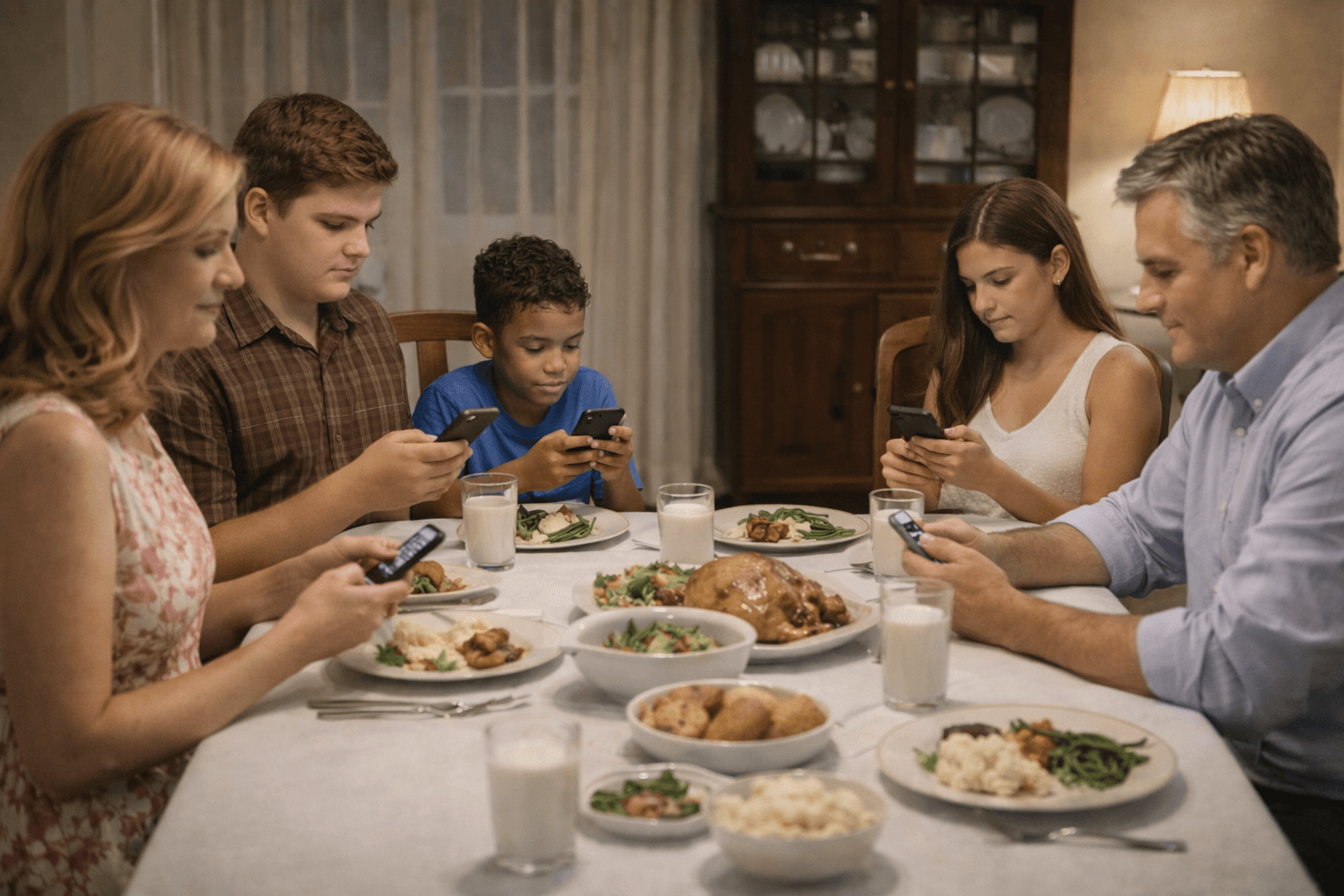 Hawthorne family around the dinner table, warm lighting, food and conversation