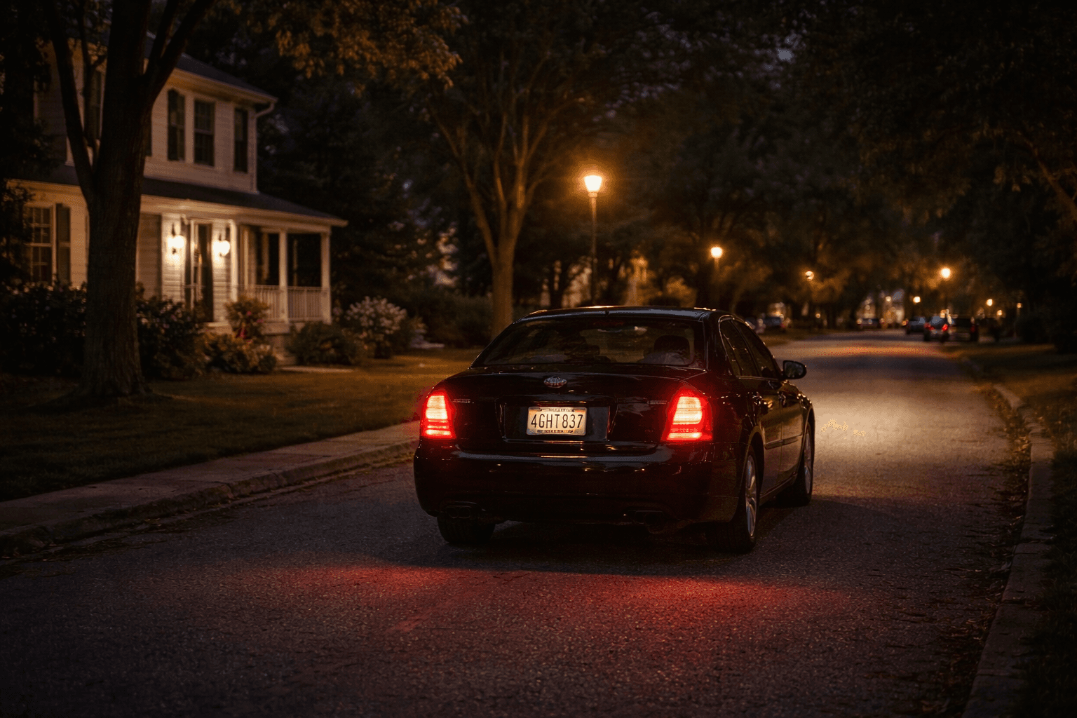 Nighttime shot of Elias’s car pulling away down a quiet suburban street