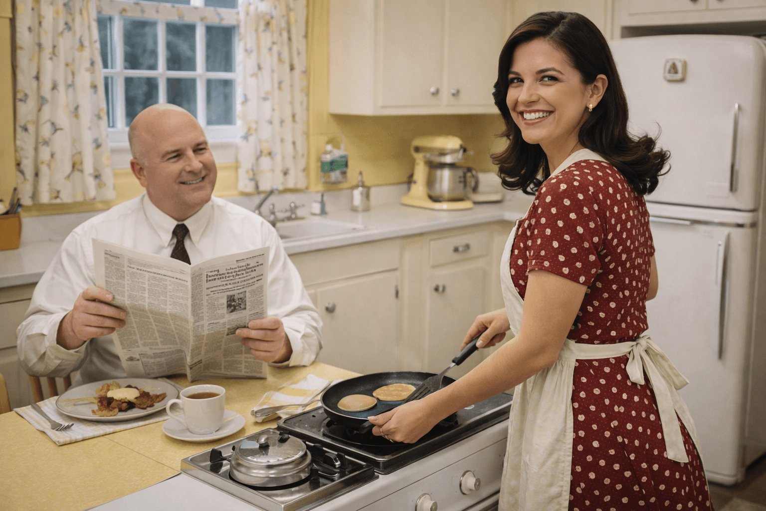 Sofia in apron cooking breakfast while Theodore reads the newspaper
