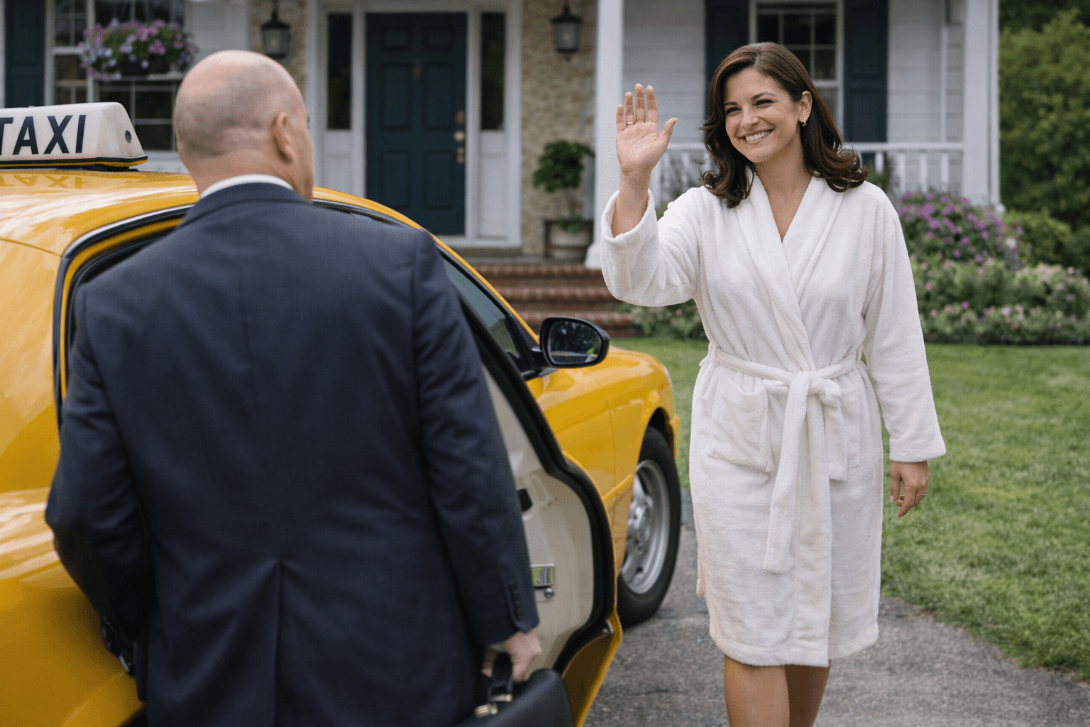 Sofia in bathrobe waving goodbye to Theodore in a taxi