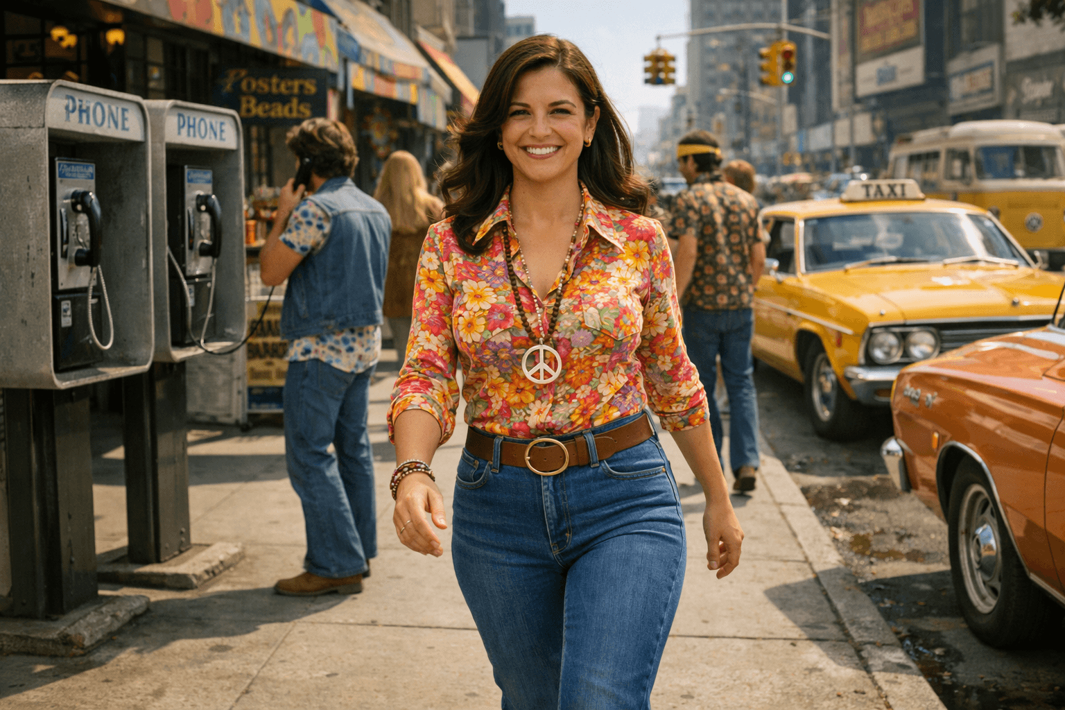 Sofia walking down a busy city sidewalk
