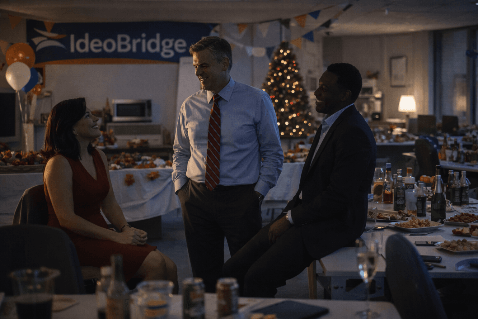 Team members in quiet conversation after event with softer lighting and decorations still up