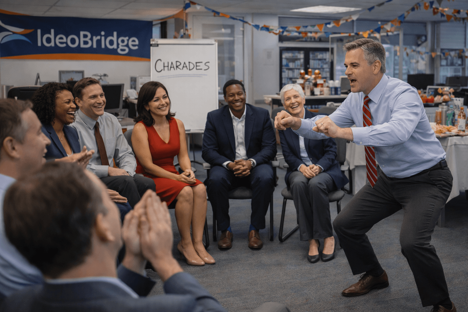 Team member enthusiastically acting out charades while colleagues laugh and guess