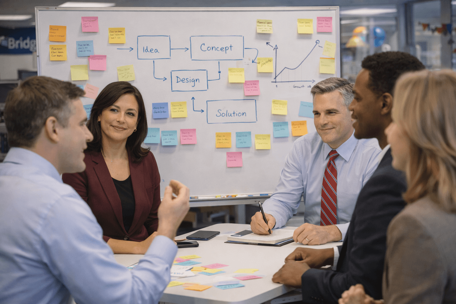 Team members in animated discussion around a conference table