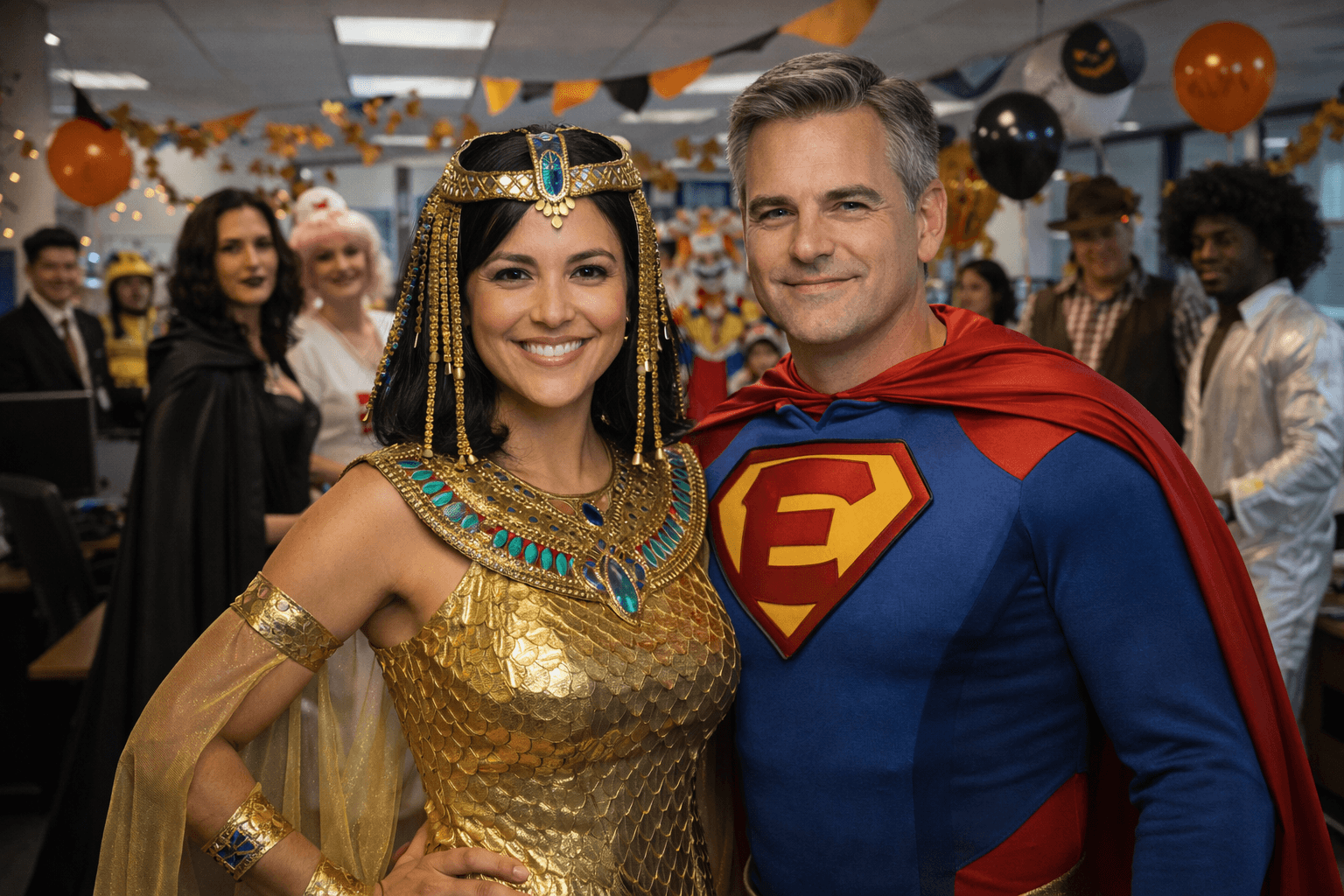 IdeoBridge team in Halloween costumes including superhero and pharaoh