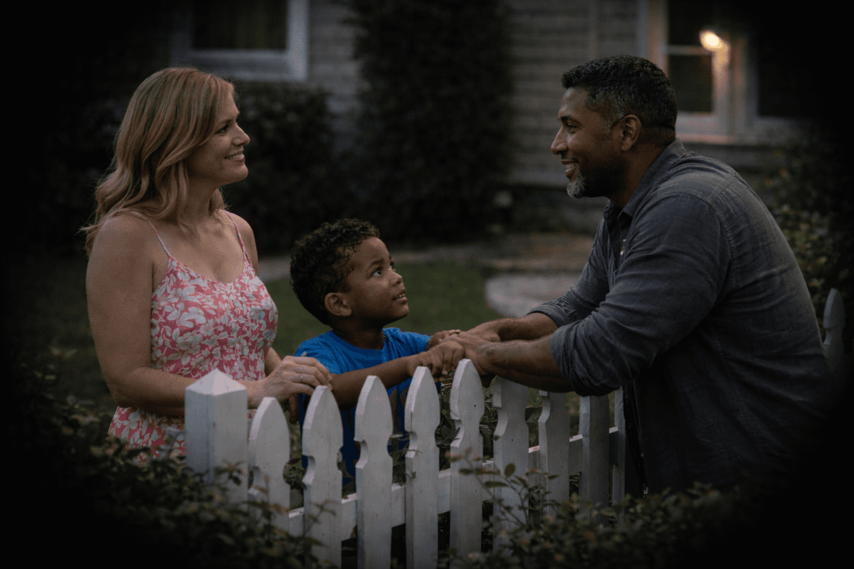 I’d been watching the Hawthorne place for three evenings before this moment lined itself up.
Becky stood easy on her side of the fence, relaxed in a way married women usually aren’t when company drops by unannounced. The neighbor leaned in from the other side, elbows resting on the pickets like he belonged there. Like he’d done this before. Plenty of times.
Then there was the kid.
Brent looked up at the neighbor with the kind of familiarity you don’t teach. Same eyes. Same tilt of the head. Same crooked half-smile that shows up when a man thinks he’s being charming instead of careful. I’d seen Elias Hawthorne’s photo—good man, square jaw, straight lines. None of that showed up in the boy.
Becky noticed me watching. Just for a second. Her smile tightened, then loosened again, practiced and smooth. The neighbor laughed at something she said, hand drifting a little too close to the fence post between them. Territorial, maybe. Or nostalgic.
Nobody crossed the line. Not physically. But lines don’t always need crossing to leave footprints.
The fence stayed standing. The conversation stayed polite. The kid stayed between them like an unanswered question.