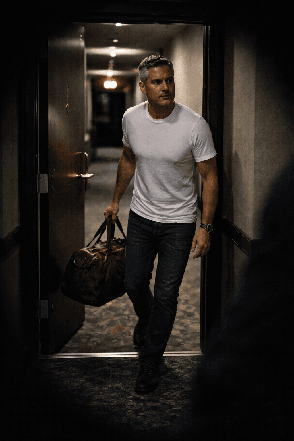 The surveillance still, timestamped 2:17 a.m., catches Dr. Elias Hawthorne stepping out of Suite 812 at the Marriott Wardman Park, the very suite registered to Dr. Sofia Rivera for the duration of the Policy Horizons Summit. His usually impeccable hair just a touch disheveled, as if he'd been running his fingers through it—or someone else had. The hallway is empty, the lighting dim, but there's no mistaking the faint, satisfied curve at the corner of his mouth, the kind a man wears when he's just finished a very private debate that had nothing to do with policy. One might almost think the good doctor had found an unexpectedly persuasive counterargument to his own principles behind that door.